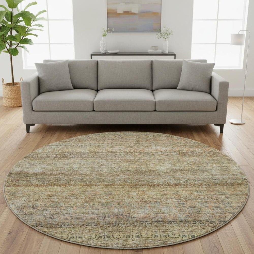 HomeRoots 8' Wheat Gray Striped Washable Round Rug with UV Protection, Stain-Resistant, Ideal for Homes 688150