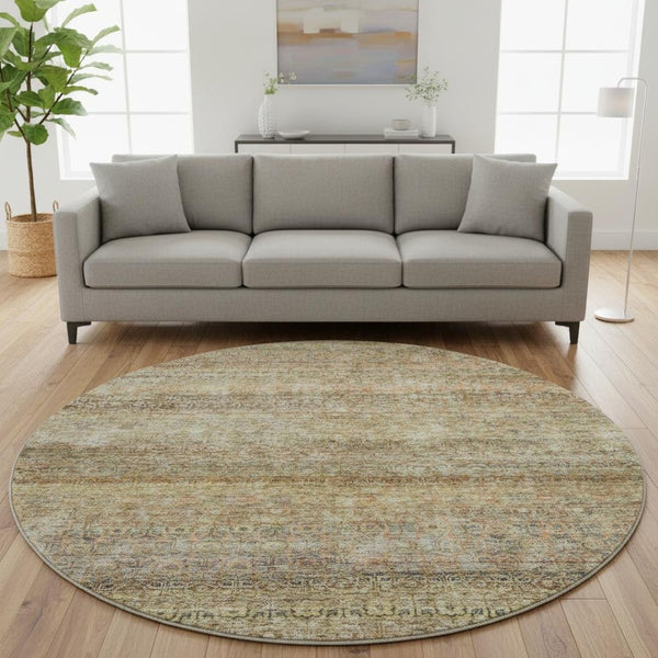 HomeRoots 8' Wheat Gray Striped Washable Round Rug with UV Protection, Stain-Resistant, Ideal for Homes 688150