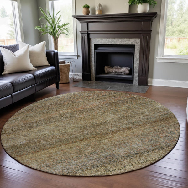 HomeRoots 8' Wheat Gray Striped Washable Round Rug with UV Protection, Stain-Resistant, Ideal for Homes 688150