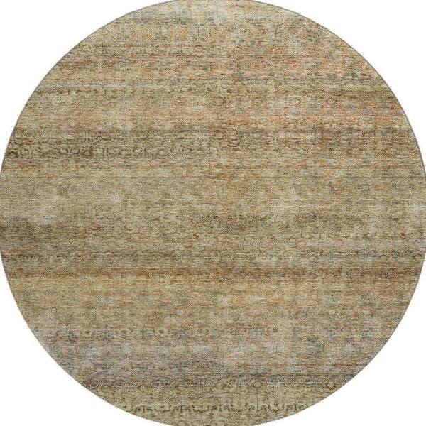 HomeRoots 8' Wheat Gray Striped Washable Round Rug with UV Protection, Stain-Resistant, Ideal for Homes 688150