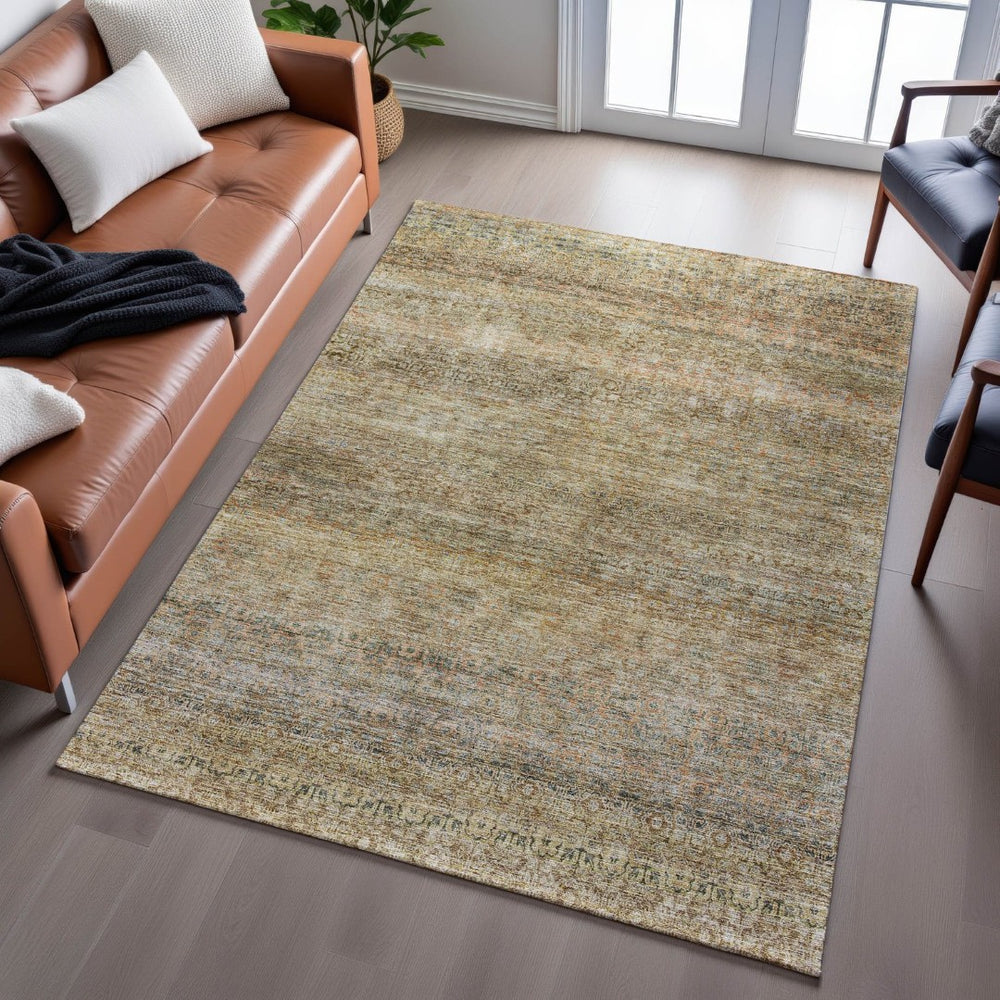 HomeRoots 9' X 12' Striped Area Rug in Wheat Gray & Beige - Washable, Stain-Resistant, UV Protected Design 688152