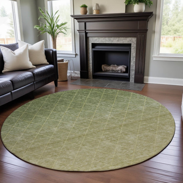 HomeRoots 8' Artichoke Green and Gold Geometric Washable Round Rug – Durable, UV-Protected, Easy-Care Style 688156