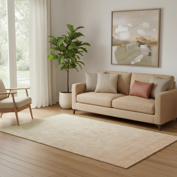 HomeRoots 5' Salmon and Beige Geometric Area Rug - Washable, UV-Protected, Family-Friendly for Modern Homes 688179