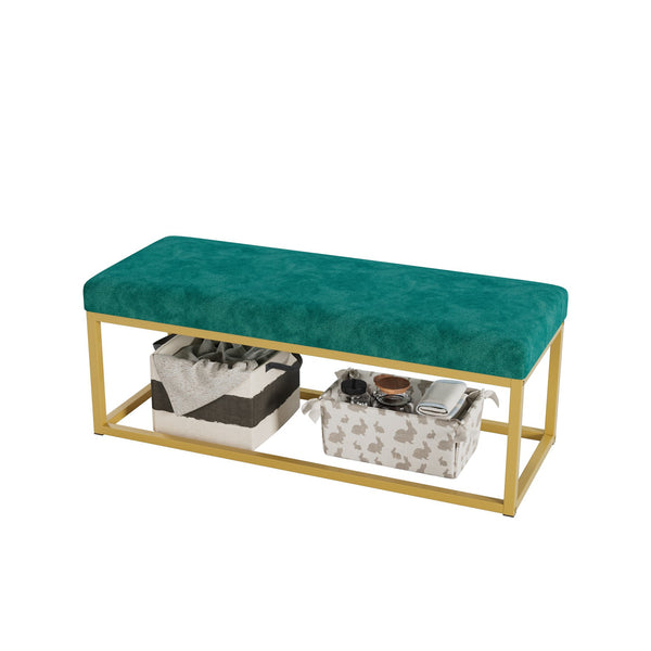 English Elm Storage Bench Green Velvet PU Leather with Gold Steel Frame, Mid-Century Entryway Seat, 600lb Capacity, 48.8"L W578P357538