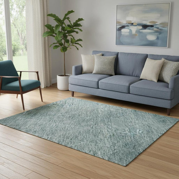 HomeRoots 5' Modern Teal and Ivory Geometric Area Rug - Washable, UV-Protected, Durable for Busy Homes 688191
