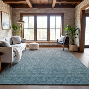 HomeRoots 5' Modern Teal and Ivory Geometric Area Rug - Washable, UV-Protected, Durable for Busy Homes 688191