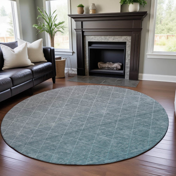 HomeRoots 8' Teal and Ivory Geometric Round Rug - Stylish, Washable, UV-Protected, Perfect for Homes with Kids & Pets 688192