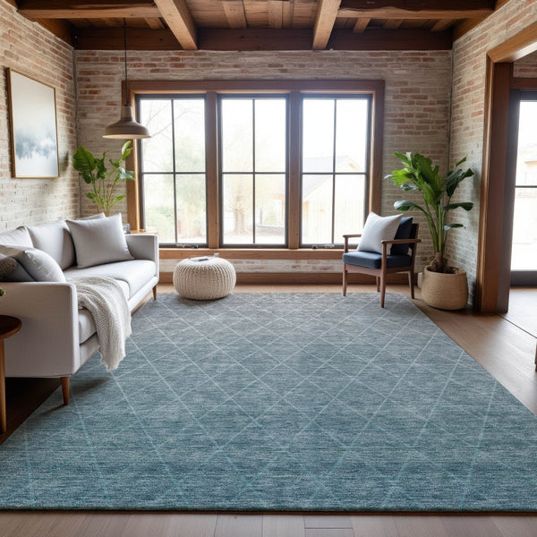 HomeRoots 10' X 14' Teal and Ivory Geometric Area Rug – Washable, UV-Protected, Durable for Modern Living Spaces 688195