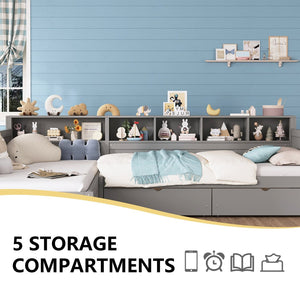 English Elm Twin Corner Daybed with Storage Drawers Bookshelf Wood L-shape Frame for Small Rooms Grey N733S369272E