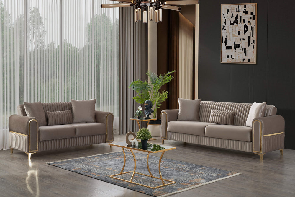 English Elm Melody Luxurious Velvet 2Pc Sofa & Loveseat Sleeper Set With Storage - Modern Taupe Elegance B009S01955