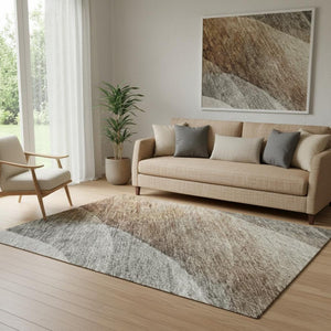 HomeRoots 5' X 8' Washable Khaki Ivory Gray Abstract Area Rug - Modern, Durable, UV Protected for Any Space 688203