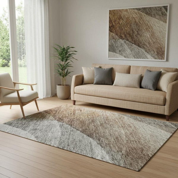 HomeRoots 5' X 8' Washable Khaki Ivory Gray Abstract Area Rug - Modern, Durable, UV Protected for Any Space 688203