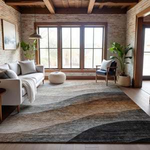 HomeRoots 5' X 8' Washable Khaki Ivory Gray Abstract Area Rug - Modern, Durable, UV Protected for Any Space 688203