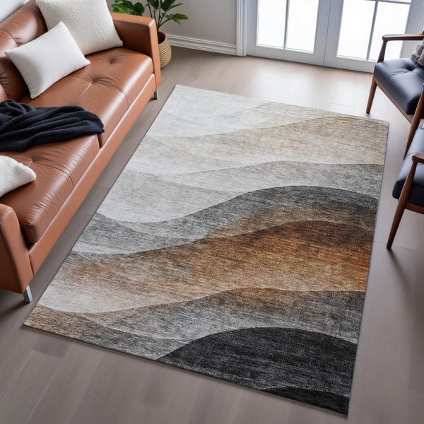 HomeRoots 5' X 8' Washable Khaki Ivory Gray Abstract Area Rug - Modern, Durable, UV Protected for Any Space 688203