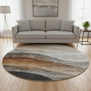 HomeRoots 8' Khaki Ivory Gray Abstract Washable Round Rug with UV Protection for Modern Homes & Easy Care 688204