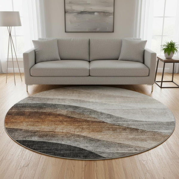 HomeRoots 8' Khaki Ivory Gray Abstract Washable Round Rug with UV Protection for Modern Homes & Easy Care 688204