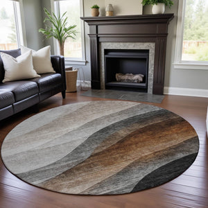 HomeRoots 8' Khaki Ivory Gray Abstract Washable Round Rug with UV Protection for Modern Homes & Easy Care 688204