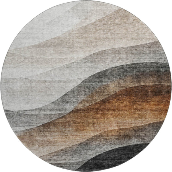HomeRoots 8' Khaki Ivory Gray Abstract Washable Round Rug with UV Protection for Modern Homes & Easy Care 688204