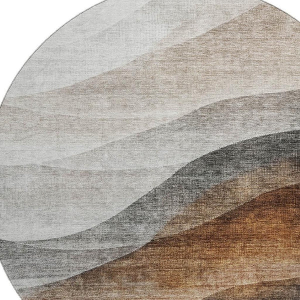 HomeRoots 8' Khaki Ivory Gray Abstract Washable Round Rug with UV Protection for Modern Homes & Easy Care 688204