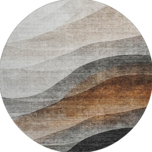 HomeRoots 8' Khaki Ivory Gray Abstract Washable Round Rug with UV Protection for Modern Homes & Easy Care 688204