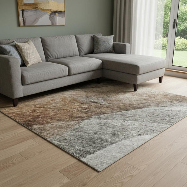 HomeRoots 8' X 10' Washable Area Rug with UV Protection - Stylish Khaki, Ivory, and Gray Abstract Design for Any Space 688205