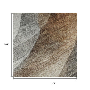HomeRoots 9' X 12' Washable Khaki Ivory Gray Abstract Area Rug - UV Protected, Family-Friendly, Modern Style 688206