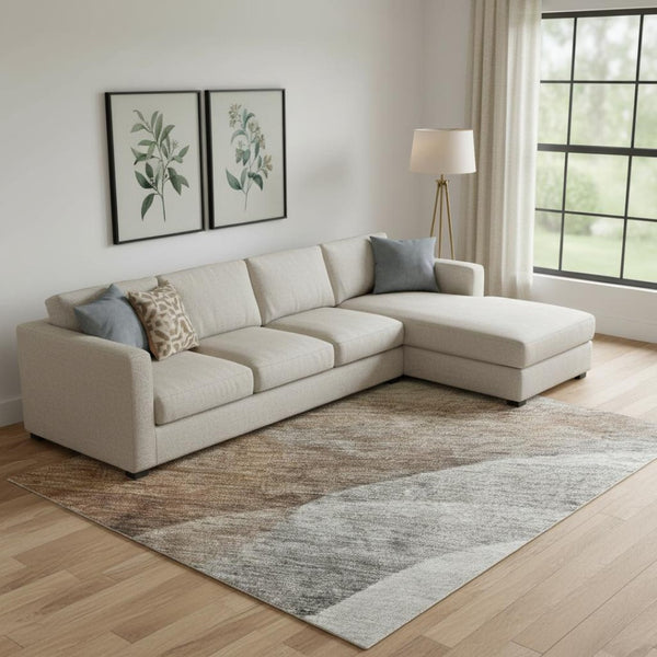HomeRoots 9' X 12' Washable Khaki Ivory Gray Abstract Area Rug - UV Protected, Family-Friendly, Modern Style 688206
