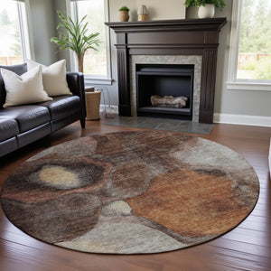 HomeRoots 8' Washable Round Area Rug in Coffee Beige & Copper - Modern Abstract Design with UV Protection 688210