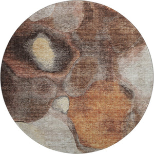 HomeRoots 8' Washable Round Area Rug in Coffee Beige & Copper - Modern Abstract Design with UV Protection 688210