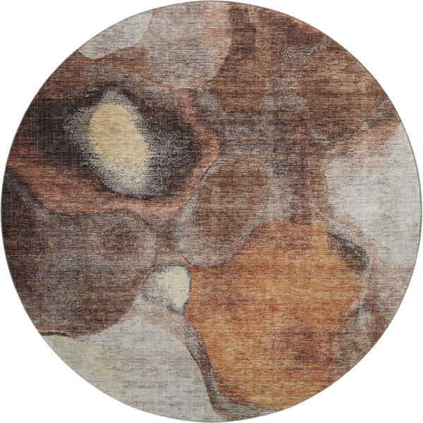 HomeRoots 8' Washable Round Area Rug in Coffee Beige & Copper - Modern Abstract Design with UV Protection 688210