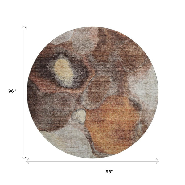 HomeRoots 8' Washable Round Area Rug in Coffee Beige & Copper - Modern Abstract Design with UV Protection 688210
