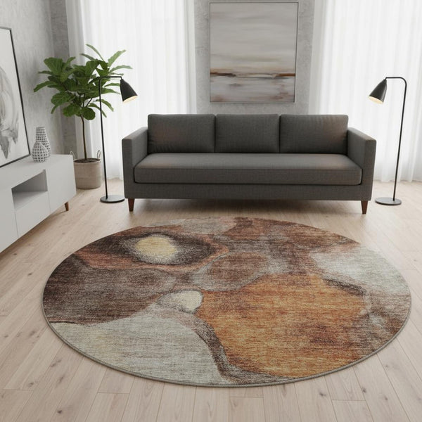 HomeRoots 8' Washable Round Area Rug in Coffee Beige & Copper - Modern Abstract Design with UV Protection 688210