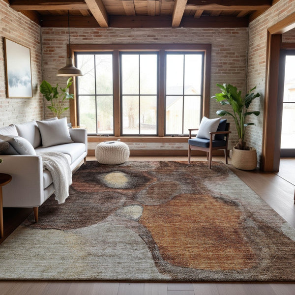 HomeRoots 8' X 10' Coffee Beige & Copper Abstract Area Rug - Washable, Durable, UV-Protected for Modern Spaces 688211