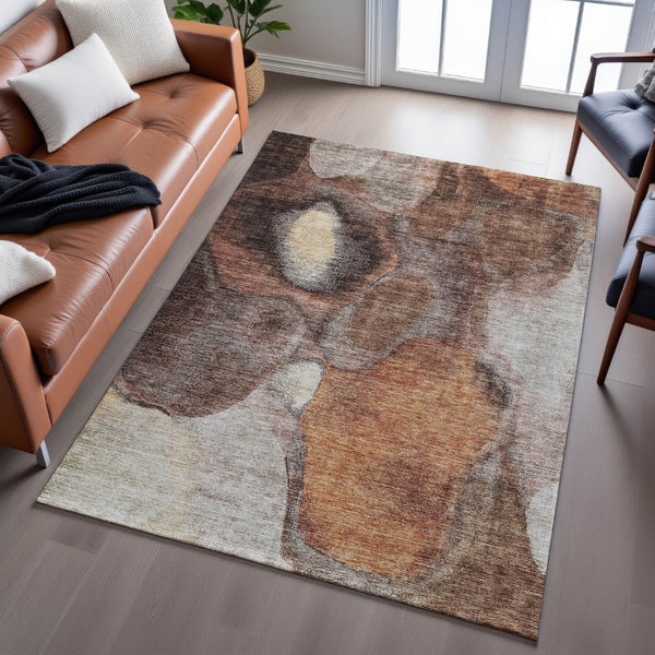 HomeRoots 8' X 10' Coffee Beige & Copper Abstract Area Rug - Washable, Durable, UV-Protected for Modern Spaces 688211