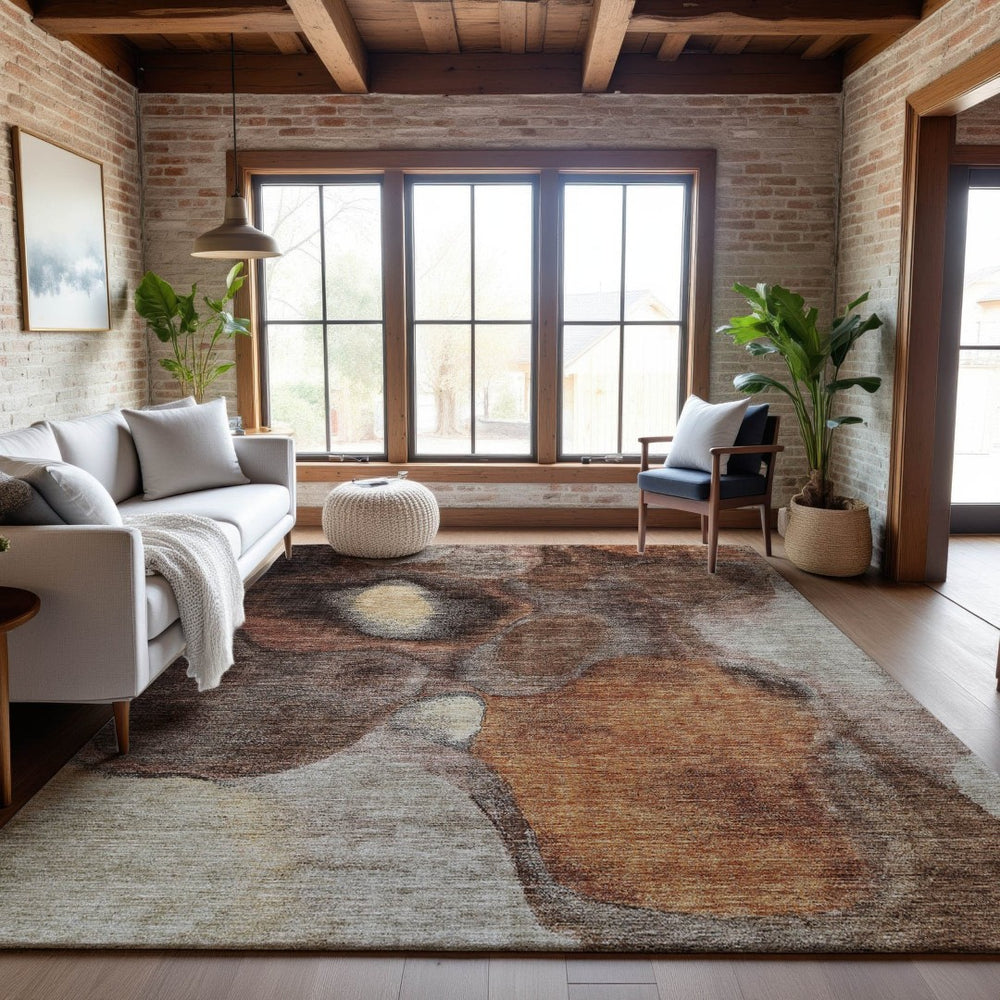 HomeRoots 10' X 14' Coffee Beige & Copper Abstract Washable Area Rug - Stylish, Durable, UV-Resistant Design! 688213