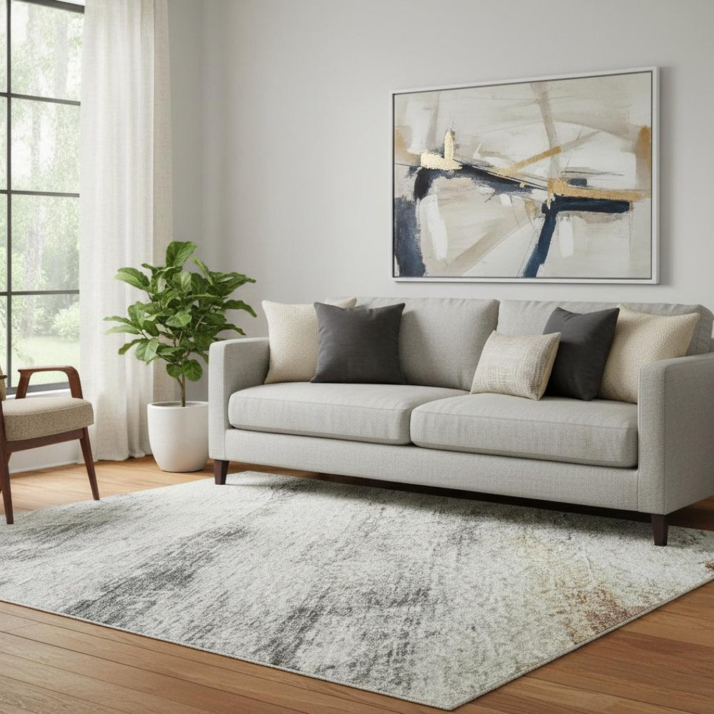 HomeRoots 5' X 8' Modern Geometric Area Rug in Silver, Copper & Gray – Washable, UV Protected & Stain Resistant 688215