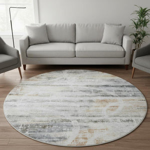 HomeRoots 8' Silver Copper and Gray Geometric Round Rug - Washable, UV-Protected, Perfect for Modern Spaces! 688216