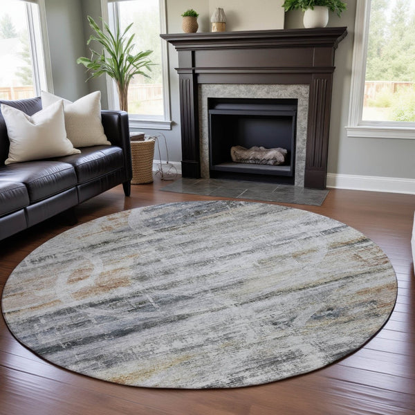 HomeRoots 8' Silver Copper and Gray Geometric Round Rug - Washable, UV-Protected, Perfect for Modern Spaces! 688216