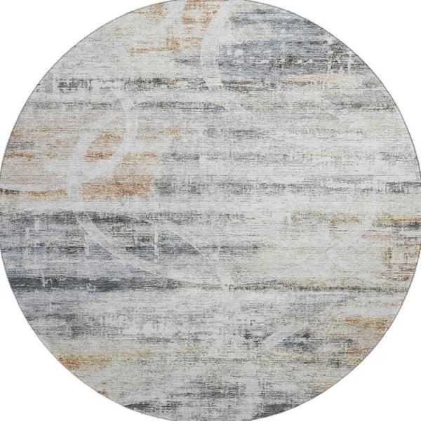HomeRoots 8' Silver Copper and Gray Geometric Round Rug - Washable, UV-Protected, Perfect for Modern Spaces! 688216