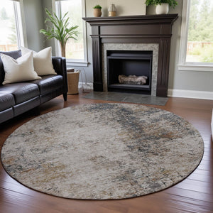 HomeRoots 8' Beige Gray Copper Abstract Round Rug - Washable, UV Protected & Stain Resistant for Modern Spaces 688222