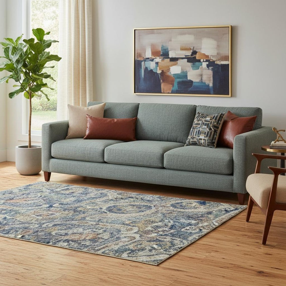 HomeRoots 5' X 8' Washable Denim Blue Beigey Copper Medallion Area Rug with UV Protection for High-Traffic Spaces 688227