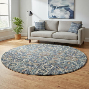 HomeRoots 8' Denim Blue Beige and Copper Medallion Washable Round Rug – Stylish, Durable, UV-Protected Design 688228