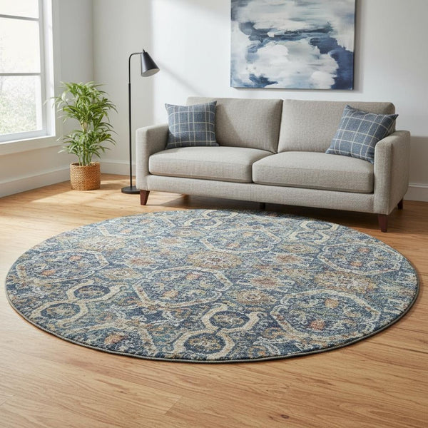 HomeRoots 8' Denim Blue Beige and Copper Medallion Washable Round Rug – Stylish, Durable, UV-Protected Design 688228