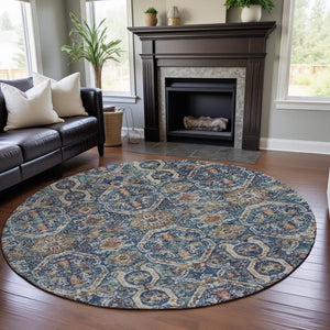 HomeRoots 8' Denim Blue Beige and Copper Medallion Washable Round Rug – Stylish, Durable, UV-Protected Design 688228