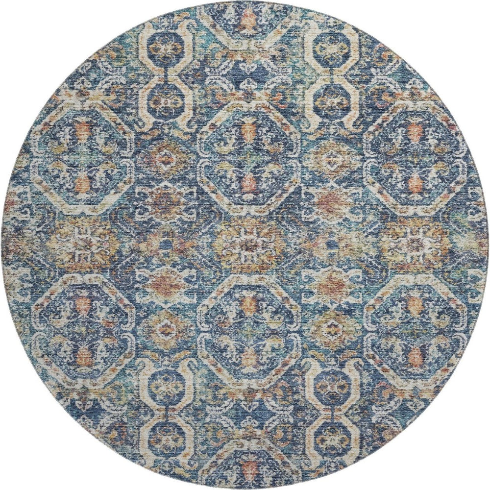 HomeRoots 8' Denim Blue Beige and Copper Medallion Washable Round Rug – Stylish, Durable, UV-Protected Design 688228