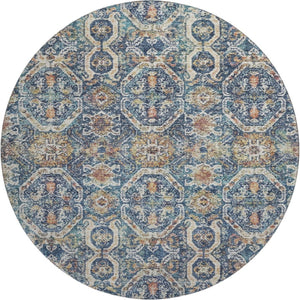 HomeRoots 8' Denim Blue Beige and Copper Medallion Washable Round Rug – Stylish, Durable, UV-Protected Design 688228