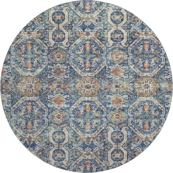 HomeRoots 8' Denim Blue Beige and Copper Medallion Washable Round Rug – Stylish, Durable, UV-Protected Design 688228