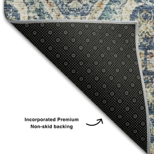 HomeRoots 8' Denim Blue Beige and Copper Medallion Washable Round Rug – Stylish, Durable, UV-Protected Design 688228