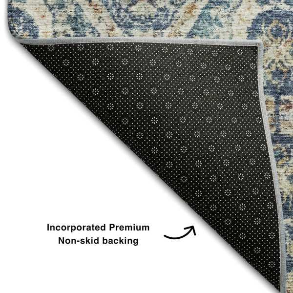 HomeRoots 8' Denim Blue Beige and Copper Medallion Washable Round Rug – Stylish, Durable, UV-Protected Design 688228