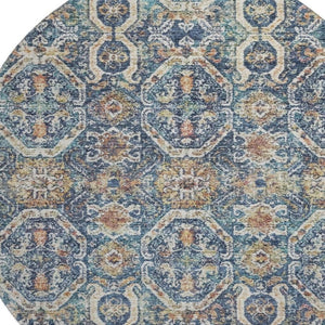 HomeRoots 8' Denim Blue Beige and Copper Medallion Washable Round Rug – Stylish, Durable, UV-Protected Design 688228